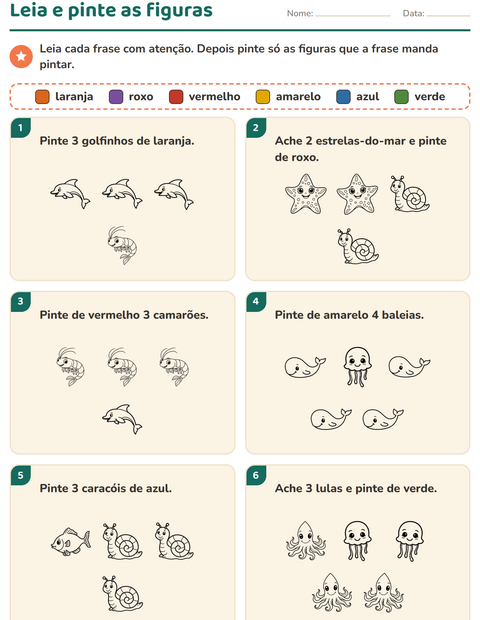 Pré-visualização da ficha de Leia e pinte com Vida marinha PB 2 para 1º ano do ensino fundamental