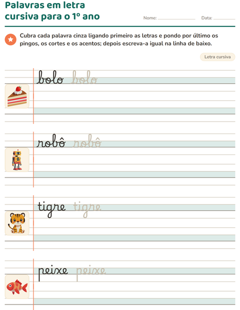 Pré-visualização da ficha de Letra cursiva para 2º ano do ensino fundamental