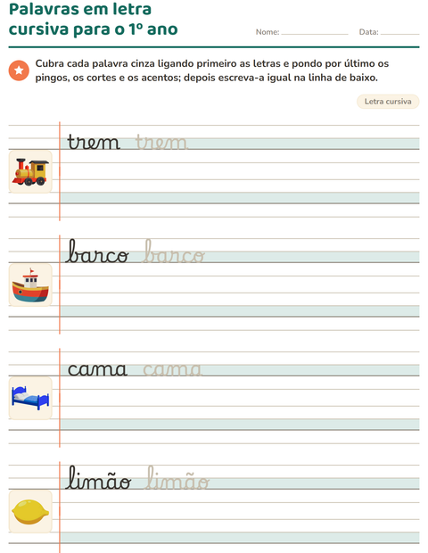 Pré-visualização da ficha de Letra cursiva para 2º ano do ensino fundamental