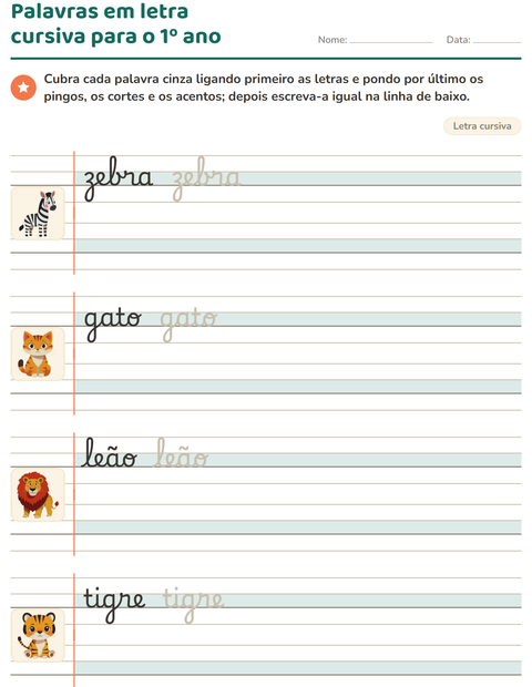 Pré-visualização da ficha de Letra cursiva para 2º ano do ensino fundamental