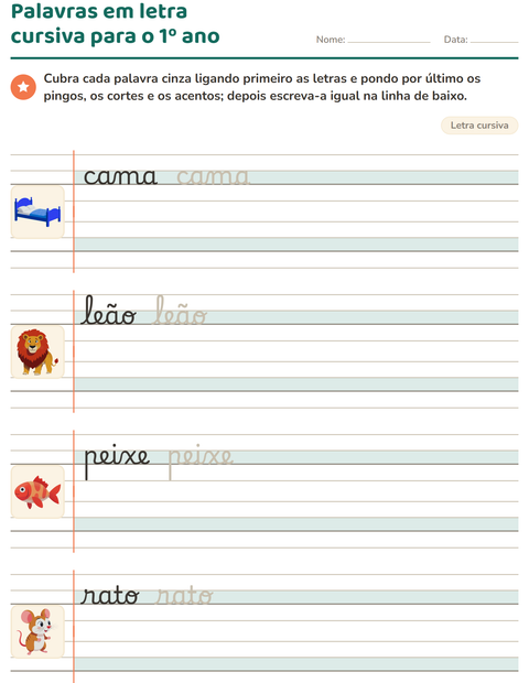 Pré-visualização da ficha de Letra cursiva para 2º ano do ensino fundamental