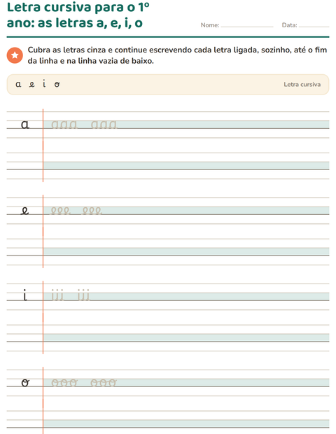 Letra cursiva para o 1º ano: as letras a, e, i, o