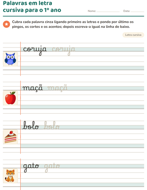 Pré-visualização da ficha de Letra cursiva para 2º ano do ensino fundamental