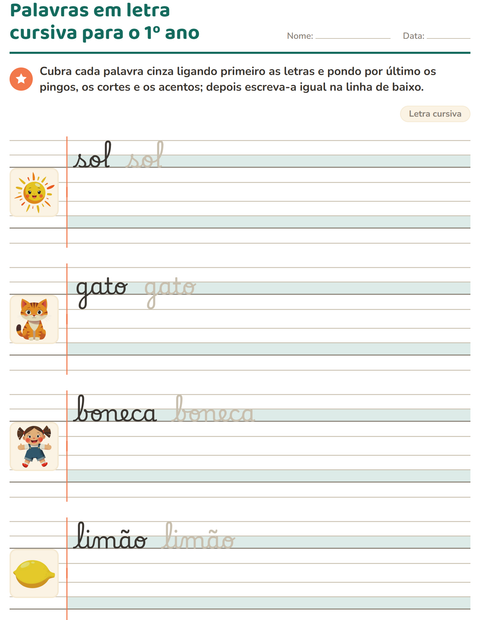 Pré-visualização da ficha de Letra cursiva para 2º ano do ensino fundamental