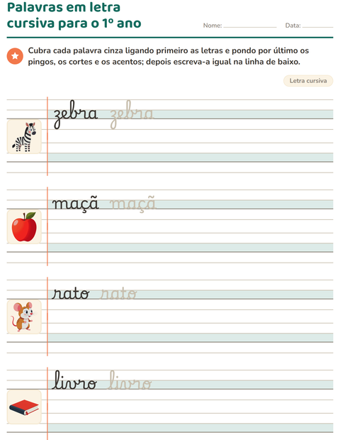 Pré-visualização da ficha de Letra cursiva para 2º ano do ensino fundamental