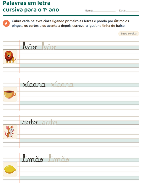 Pré-visualização da ficha de Letra cursiva para 2º ano do ensino fundamental