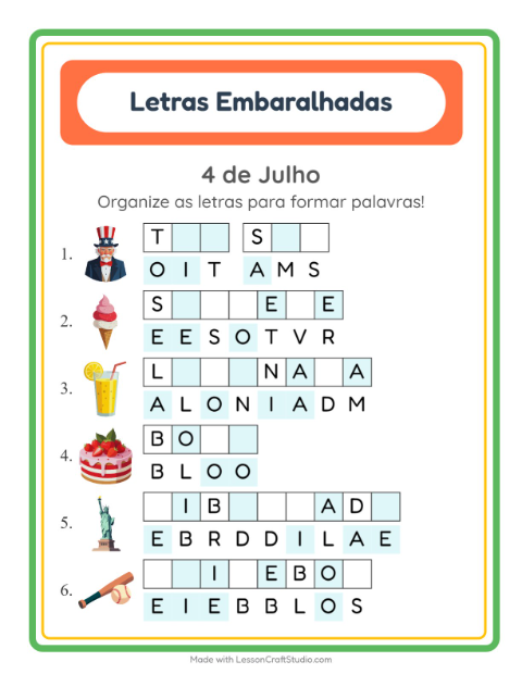 Pré-visualização da ficha de Letras Embaralhadas com 4 de Julho para 1º ano do ensino fundamental