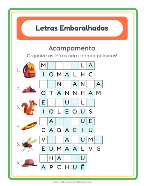 Pré-visualização da ficha de Letras Embaralhadas com Acampamento para 1º ano do ensino fundamental