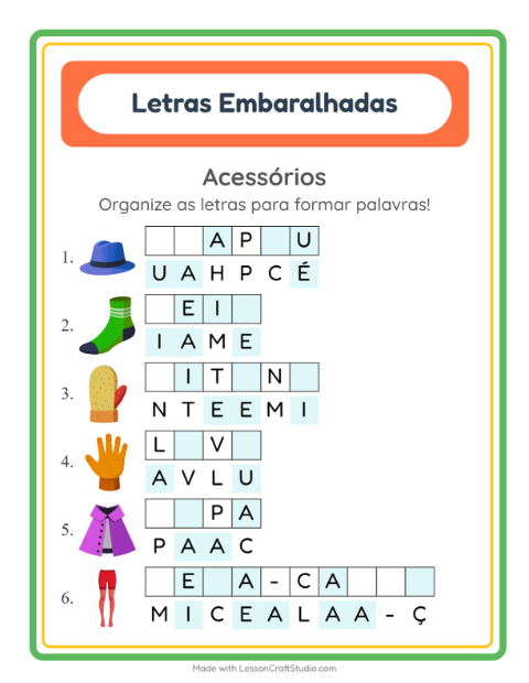 Pré-visualização da ficha de Letras Embaralhadas com Acessórios para 1º ano do ensino fundamental