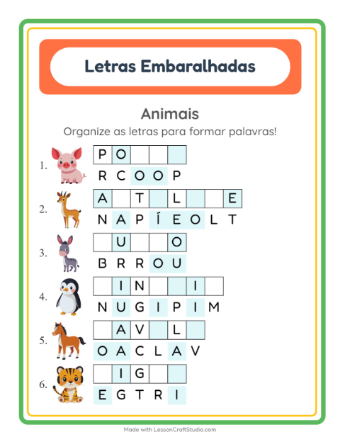 Pré-visualização da ficha de Letras Embaralhadas com Animais para 1º ano do ensino fundamental