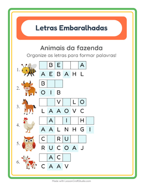 Pré-visualização da ficha de Letras Embaralhadas com Animais da fazenda para 1º ano do ensino fundamental