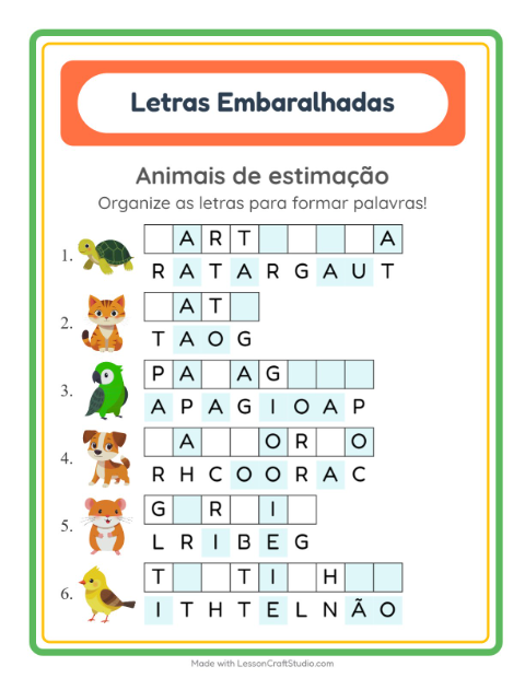 Pré-visualização da ficha de Letras Embaralhadas com Animais de estimação para 1º ano do ensino fundamental