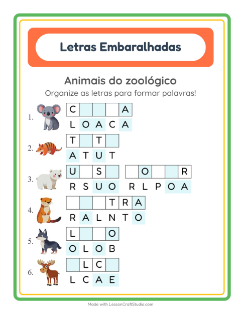 Pré-visualização da ficha de Letras Embaralhadas com Animais do zoológico para 1º ano do ensino fundamental