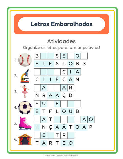 Pré-visualização da ficha de Letras Embaralhadas com Atividades para 1º ano do ensino fundamental