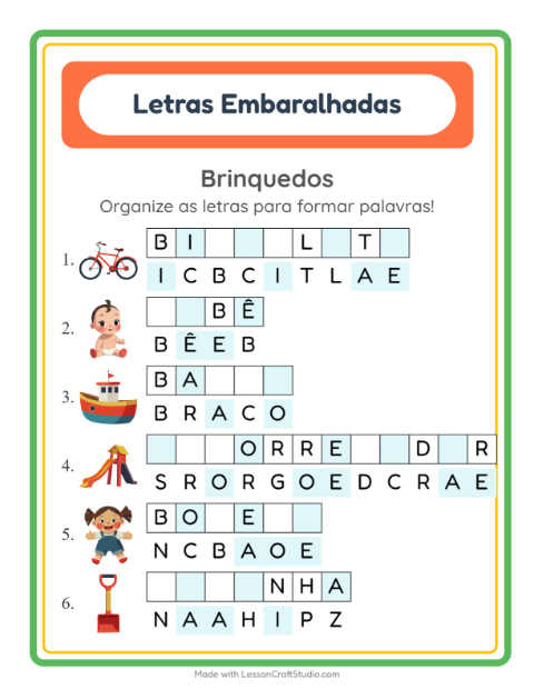 Pré-visualização da ficha de Letras Embaralhadas com Brinquedos para 1º ano do ensino fundamental
