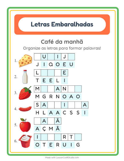 Pré-visualização da ficha de Letras Embaralhadas com Café da manhã para 1º ano do ensino fundamental