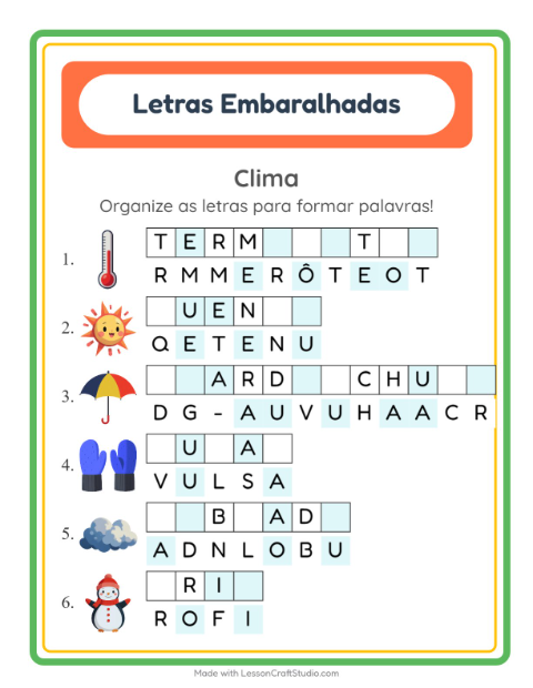 Pré-visualização da ficha de Letras Embaralhadas com Clima para 1º ano do ensino fundamental