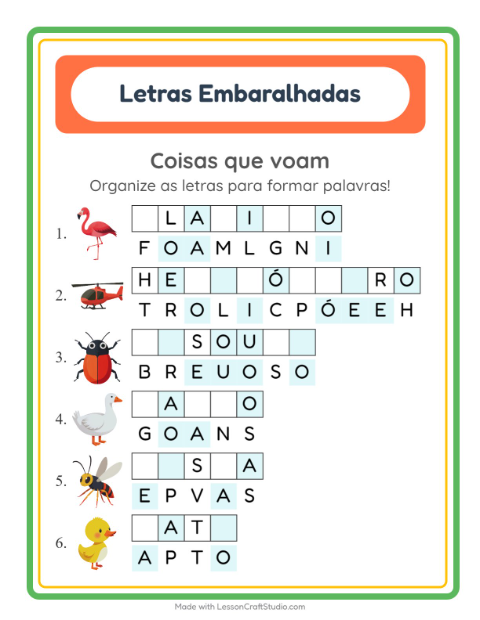 Pré-visualização da ficha de Letras Embaralhadas com Coisas que voam para 1º ano do ensino fundamental