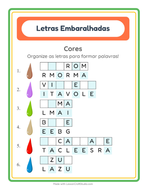 Pré-visualização da ficha de Letras Embaralhadas com Cores para 1º ano do ensino fundamental