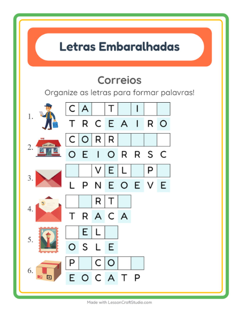Pré-visualização da ficha de Letras Embaralhadas com Correios para 1º ano do ensino fundamental