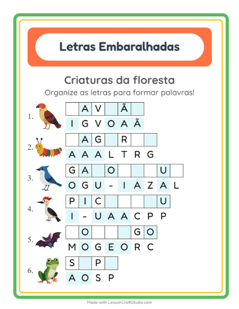Pré-visualização da ficha de Letras Embaralhadas com Criaturas da floresta para 1º ano do ensino fundamental