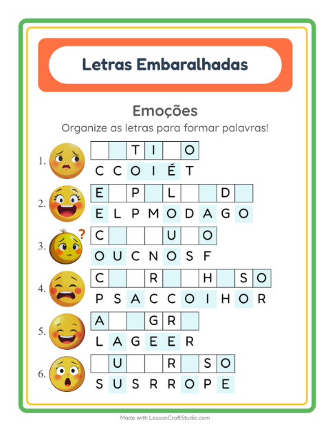 Pré-visualização da ficha de Letras Embaralhadas com Emoções para 1º ano do ensino fundamental
