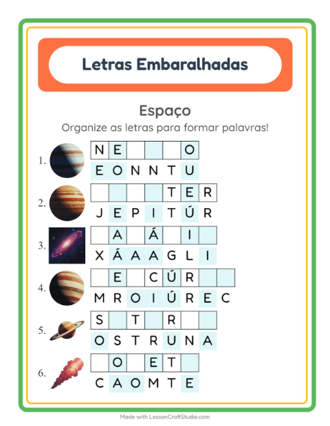 Pré-visualização da ficha de Letras Embaralhadas com Espaço para 1º ano do ensino fundamental