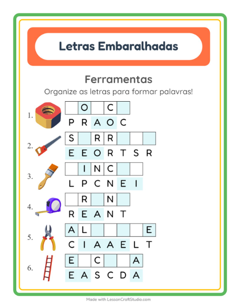 Pré-visualização da ficha de Letras Embaralhadas com Ferramentas para 1º ano do ensino fundamental