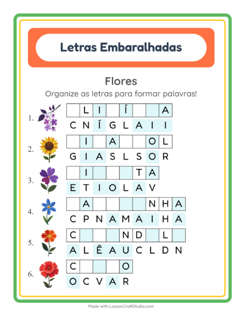 Pré-visualização da ficha de Letras Embaralhadas com Flores para 1º ano do ensino fundamental