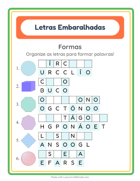 Pré-visualização da ficha de Letras Embaralhadas com Formas para 1º ano do ensino fundamental