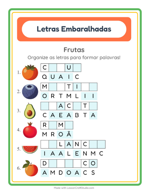 Pré-visualização da ficha de Letras Embaralhadas com Frutas para 1º ano do ensino fundamental
