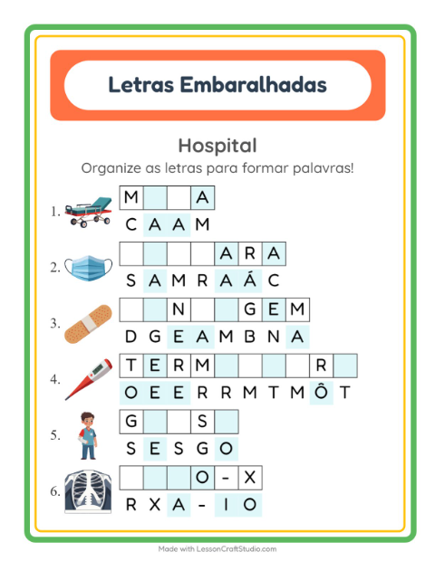 Pré-visualização da ficha de Letras Embaralhadas com Hospital para 1º ano do ensino fundamental