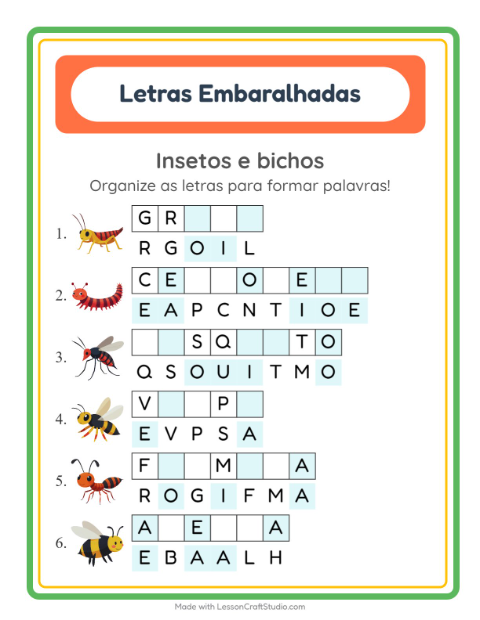 Pré-visualização da ficha de Letras Embaralhadas com Insetos e bichos para 1º ano do ensino fundamental