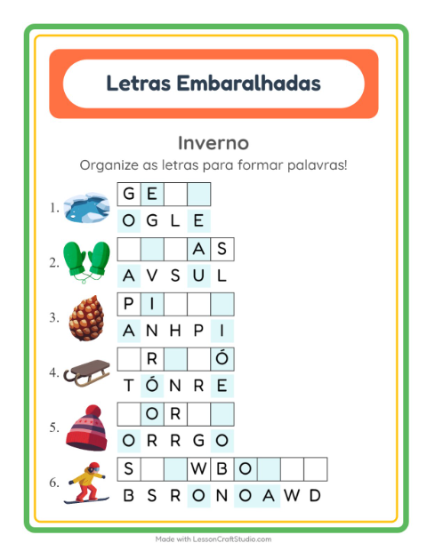 Pré-visualização da ficha de Letras Embaralhadas com Inverno para 1º ano do ensino fundamental