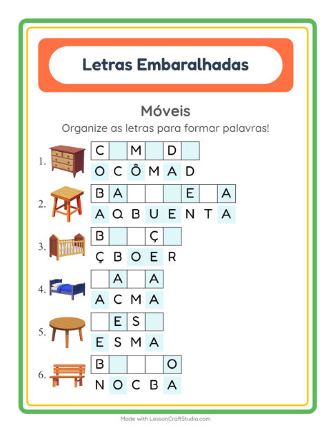 Pré-visualização da ficha de Letras Embaralhadas com Móveis para 1º ano do ensino fundamental