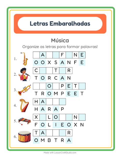 Pré-visualização da ficha de Letras Embaralhadas com Música para 1º ano do ensino fundamental