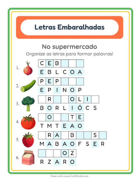 Pré-visualização da ficha de Letras Embaralhadas com No supermercado para 1º ano do ensino fundamental