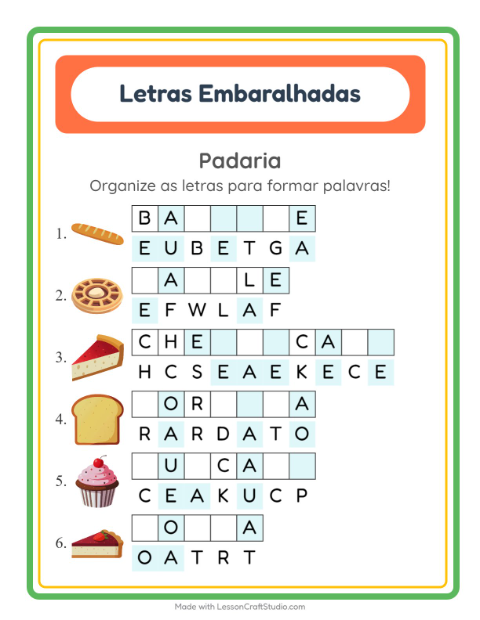 Pré-visualização da ficha de Letras Embaralhadas com Padaria para 1º ano do ensino fundamental