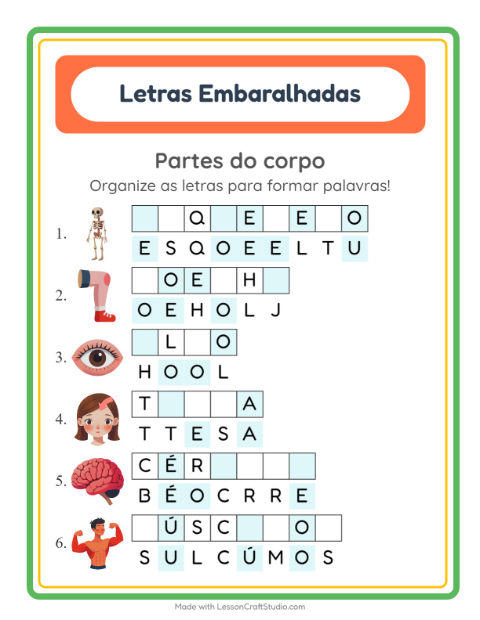 Pré-visualização da ficha de Letras Embaralhadas com Partes do corpo para 1º ano do ensino fundamental