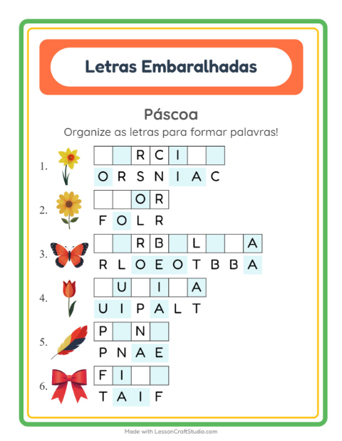 Pré-visualização da ficha de Letras Embaralhadas com Páscoa para 1º ano do ensino fundamental