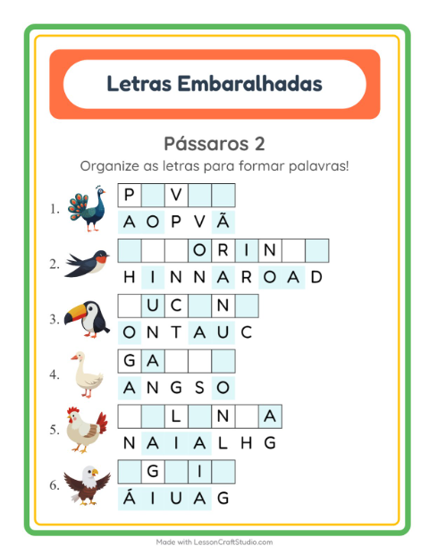 Pré-visualização da ficha de Letras Embaralhadas com Pássaros 2 para 1º ano do ensino fundamental