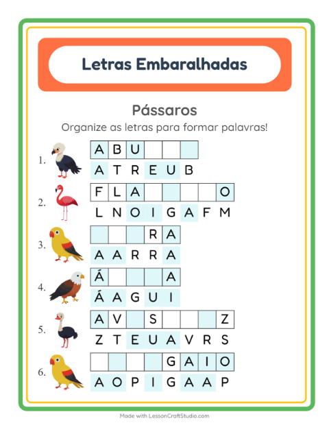 Pré-visualização da ficha de Letras Embaralhadas com Pássaros para 1º ano do ensino fundamental