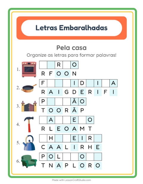 Pré-visualização da ficha de Letras Embaralhadas com Pela casa para 1º ano do ensino fundamental