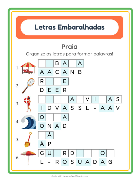 Pré-visualização da ficha de Letras Embaralhadas com Praia para 1º ano do ensino fundamental