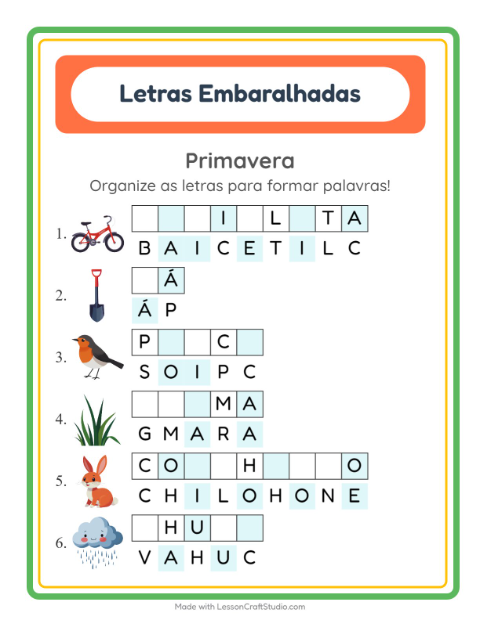 Pré-visualização da ficha de Letras Embaralhadas com Primavera para 1º ano do ensino fundamental