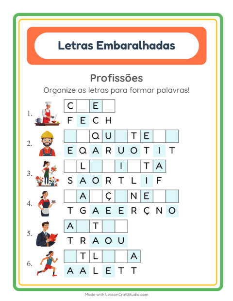 Pré-visualização da ficha de Letras Embaralhadas com Profissões para 1º ano do ensino fundamental