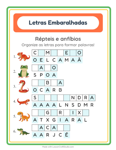 Pré-visualização da ficha de Letras Embaralhadas com Répteis e anfíbios para 1º ano do ensino fundamental