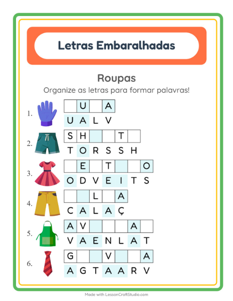 Pré-visualização da ficha de Letras Embaralhadas com Roupas para 1º ano do ensino fundamental