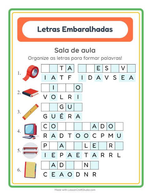Pré-visualização da ficha de Letras Embaralhadas com Sala de aula para 1º ano do ensino fundamental