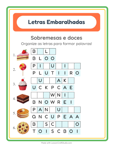 Pré-visualização da ficha de Letras Embaralhadas com Sobremesas e doces para 1º ano do ensino fundamental